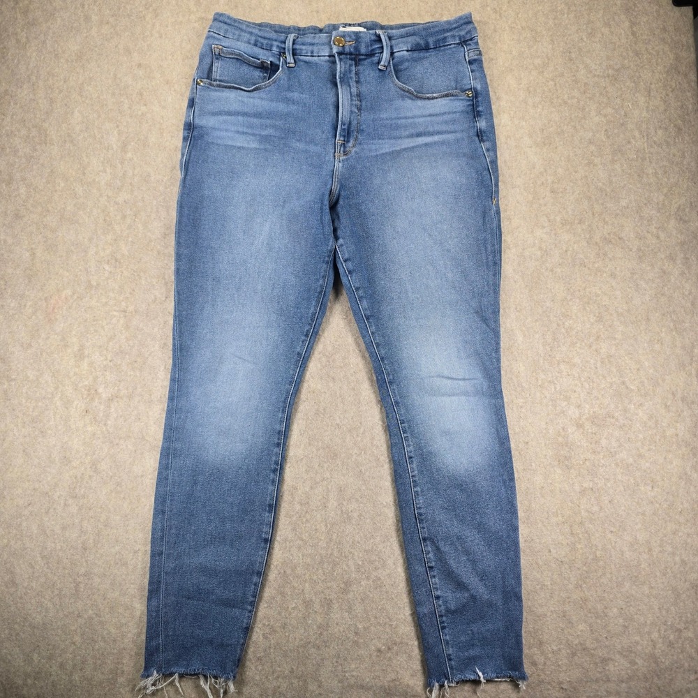 Good American High Rise Skinny Jeans Blue Raw Hem GL941T Size 15
